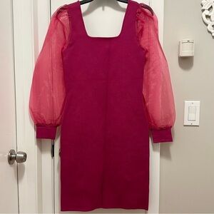 House of Harlow 1960 Fuchsia Corset Compression Knit Sheer Sleeves Mini Dress S